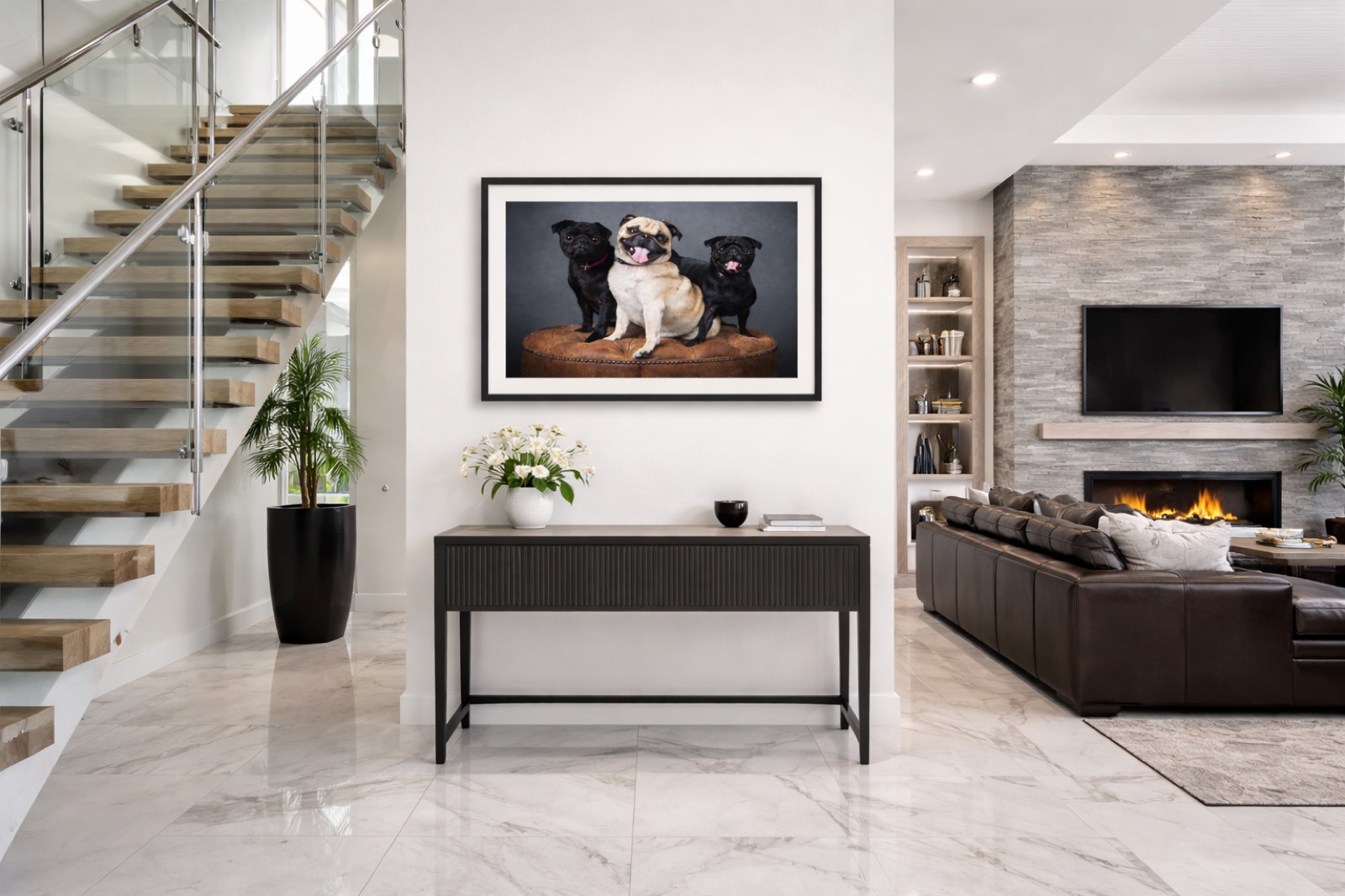 Pug portrait in modern living room